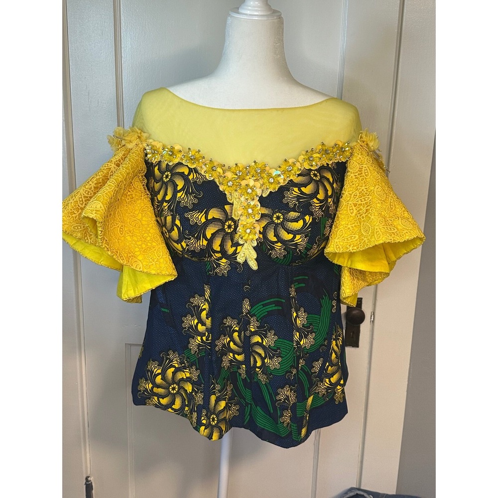 Floral‎ Print Top Beaded Embellished Lace Flutter Sleeve Blouse Yellow Blue